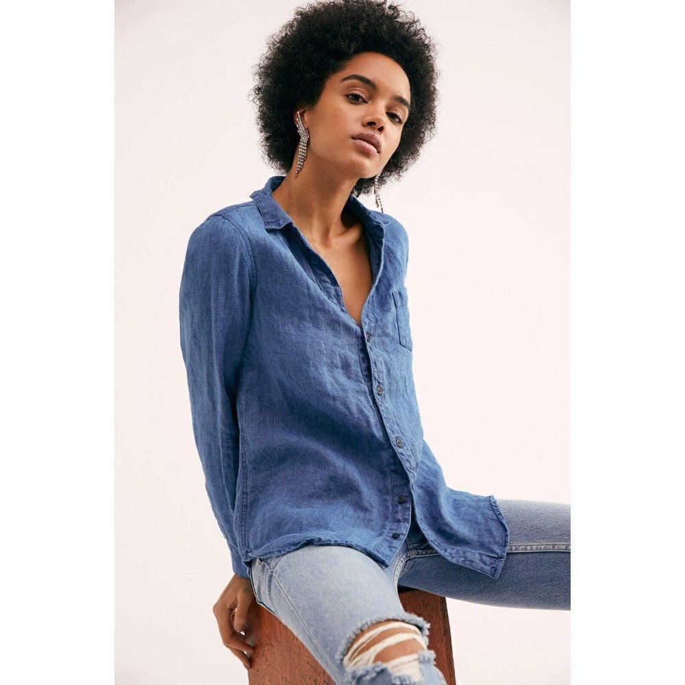 NEW FREE PEOPLE CP SHADES Sz S KATIE SLIM LINEN BUTTONDOWN SHIRT BLUE